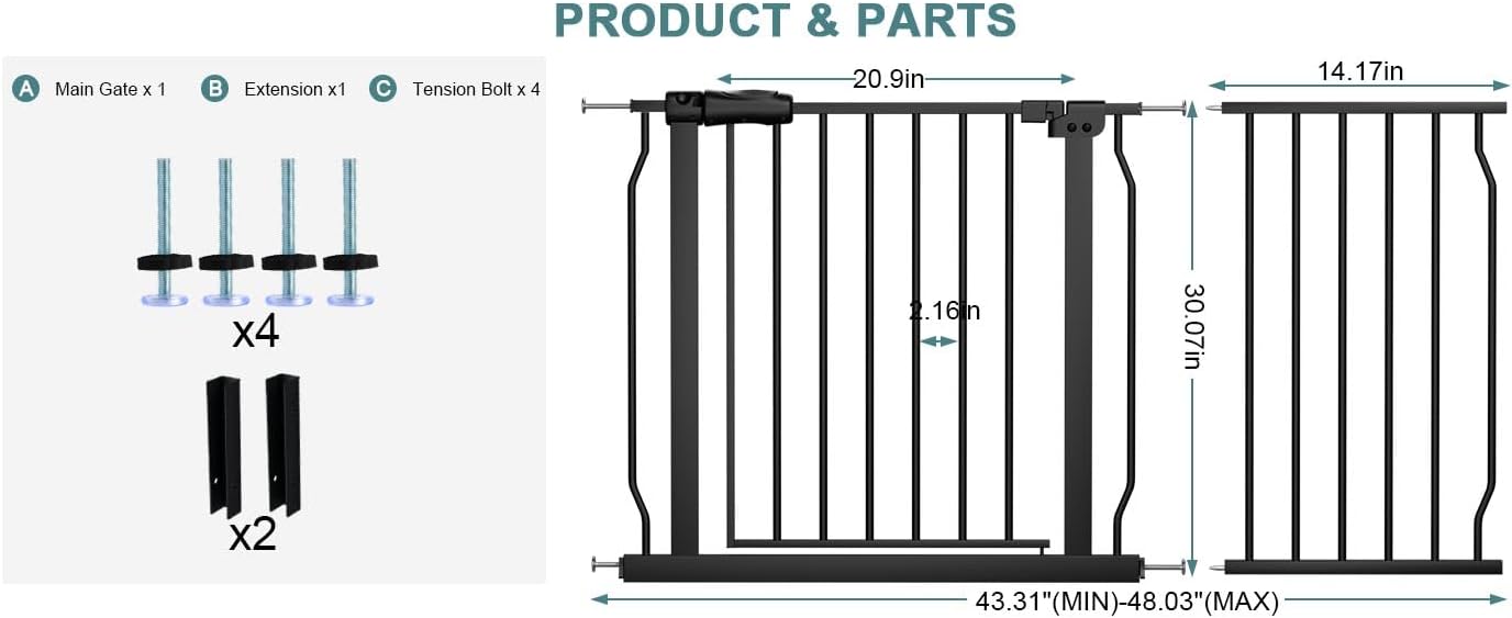 Extra Wide Baby Gate Tension Indoor Safety Gates Black Metal Large Pressure Mounted Pet Gate Walk Through Long Safety Dog Gate for The House Doorways Stairs (62.2"-66.93"/158-170CM, Black)
