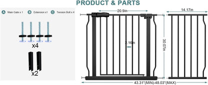Extra Wide Baby Gate Tension Indoor Safety Gates Black Metal Large Pressure Mounted Pet Gate Walk Through Long Safety Dog Gate for The House Doorways Stairs (62.2"-66.93"/158-170CM, Black)