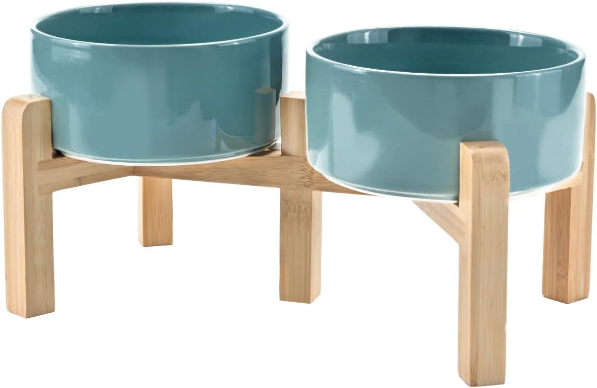 SPUNKYJUNKY Elevated Dog Bowls Ceramic, 6.1'' Dogs and Cat Food Water Bowls Raised with Non-Slip Bamboo Stand for Medium Sized Breed Microwave Dishwasher Safe - 28.7 OZ,Beige