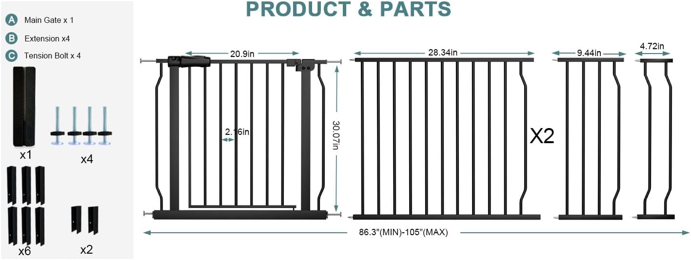 Extra Wide Baby Gate Tension Indoor Safety Gates Black Metal Large Pressure Mounted Pet Gate Walk Through Long Safety Dog Gate for The House Doorways Stairs (62.2"-66.93"/158-170CM, Black)