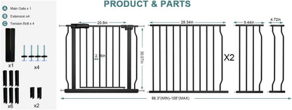 Extra Wide Baby Gate Tension Indoor Safety Gates Black Metal Large Pressure Mounted Pet Gate Walk Through Long Safety Dog Gate for The House Doorways Stairs (62.2"-66.93"/158-170CM, Black)