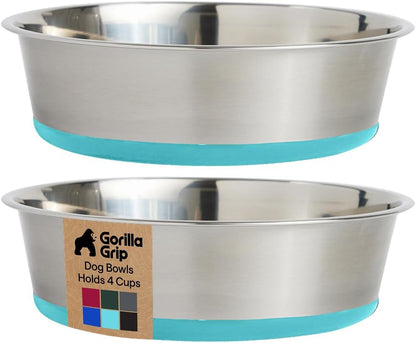 GORILLA GRIP Dog Bowls, Food Grade 304 Stainless Steel, Holds 2 Cups Each (16 fl oz) Food and Water Bowl for Feeding Dogs and Cats, Dishwasher Safe, Rust Resistant, BPA Free Rubber Base Set of 2 Black