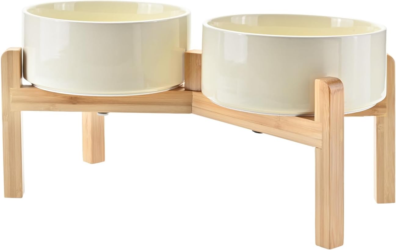 SPUNKYJUNKY Elevated Dog Bowls Ceramic, 6.1'' Dogs and Cat Food Water Bowls Raised with Non-Slip Bamboo Stand for Medium Sized Breed Microwave Dishwasher Safe - 28.7 OZ,Beige