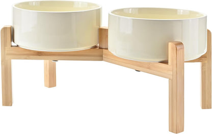 SPUNKYJUNKY Elevated Dog Bowls Ceramic, 6.1'' Dogs and Cat Food Water Bowls Raised with Non-Slip Bamboo Stand for Medium Sized Breed Microwave Dishwasher Safe - 28.7 OZ,Beige