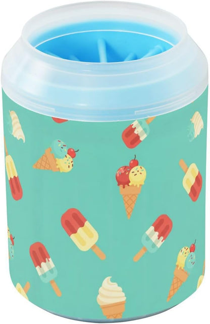Ice Cream Teal Pattern Dog Paw Cleaner Cup with Soft Silicone Brush, Small Lightweight Portable Muddy Paw Washer for Dogs, Easy to Use Pet Foot Cleaner