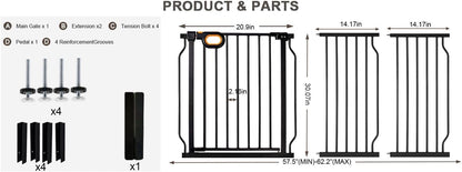 Baby Gates Extra Wide for Doorways 90.6-95.2 Inch Extra Wide Pressure Mounted Baby Dog Gate for the House Indoor Large Openning Metal Safety Gate No Drilling with Walk-Through Door,Black
