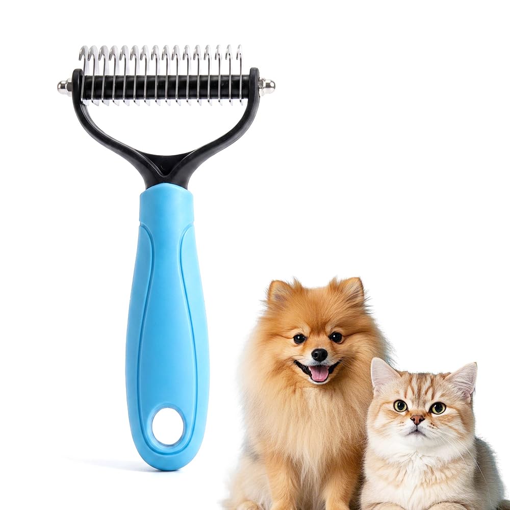 Dematting Comb for Dogs and Cats, Double-Sided Tooth Dematting Comb Undercoat Rake Pet Grooming Brush for Shedding, Detangler Comb for Long Haired Dogs Cats (Big Blue)