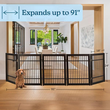 Freestanding Dog Gate - 5-Panel Foldable Indoor Pet Fence - 91x24-Inch Extra Wide Wood Dog Gate for Stairs, Hallways or Doorways by PETMAKER (White)