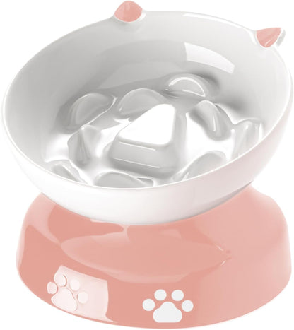 Y YHY Ceramic Cat Slow Feeder, Elevated Dog Food Bowl Tilted Design, Slow Feeder Bowl no Black Chin, Cat Shape for Dry and Wet Food