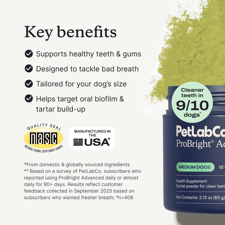 PetLab Co. ProBright Advanced Dental Powder - Dog Breath Freshener - Teeth Cleaning Made Easy – Targets Tartar & Bad Breath - Packaging May Vary - Formulated for Small Dogs