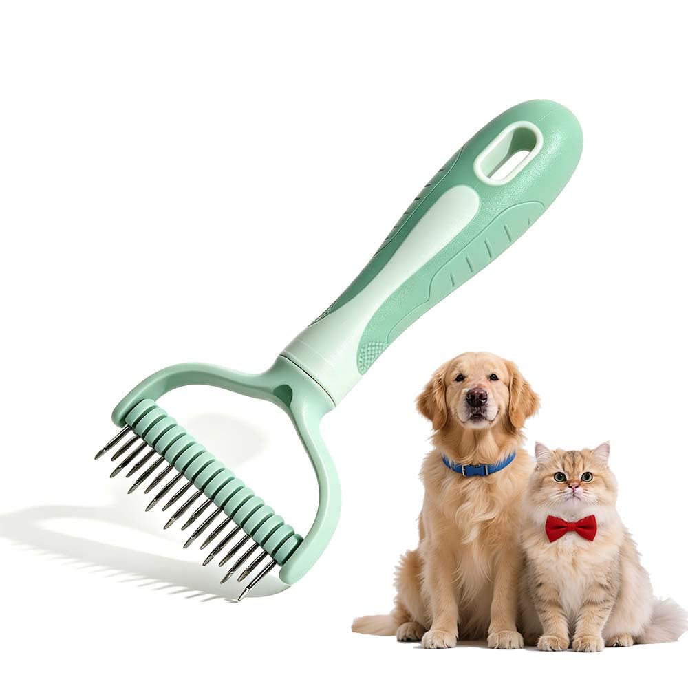 Pet Pro Grooming Tool, Pet Grooming Rake Double Sided Shedding Deshedding Brush for Dogs Cats, Undercoat Rake Dematting Comb for Long Haired Pets with Stainless Steel Teeth