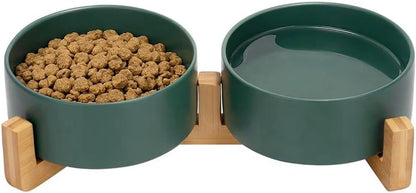 Ceramic Cat and Small Dog Bowl Set – Modern Indoor Small Size Pet Food and Water Bowls with Wood Stand – Non Slip Puppy Sized Feeding Station with Double Dishes (Gray)