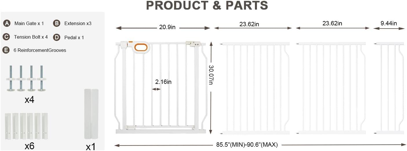 Baby Gates Extra Wide for Doorways 90.6-95.2 Inch Extra Wide Pressure Mounted Baby Dog Gate for the House Indoor Large Openning Metal Safety Gate No Drilling with Walk-Through Door,Black