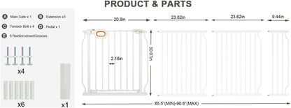 Baby Gates Extra Wide for Doorways 90.6-95.2 Inch Extra Wide Pressure Mounted Baby Dog Gate for the House Indoor Large Openning Metal Safety Gate No Drilling with Walk-Through Door,Black