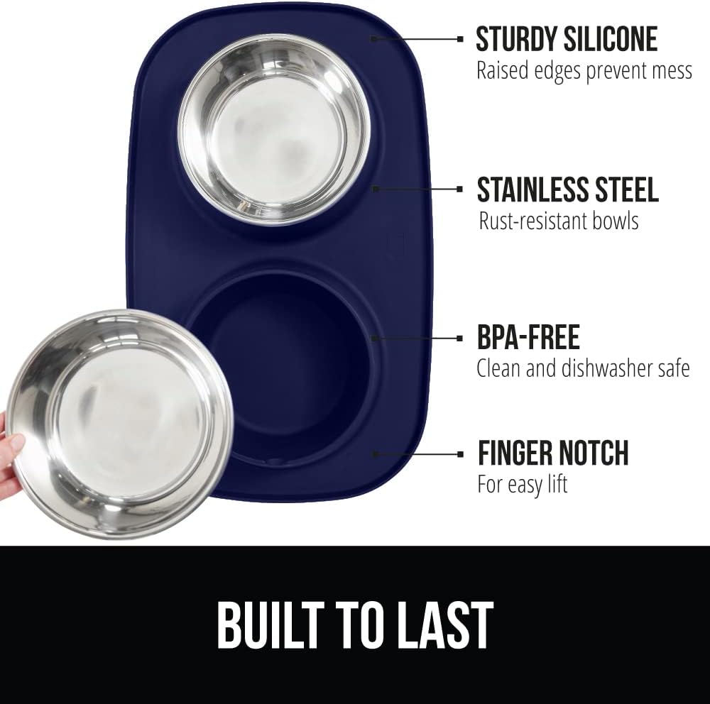 GORILLA GRIP Feeding Mat Set, Patent Pending 100% Waterproof BPA Free Silicone, Stainless Steel Cat and Dog Bowls, Slip Resistant, 1 Black mat/tray with 2 stainless steel bowls