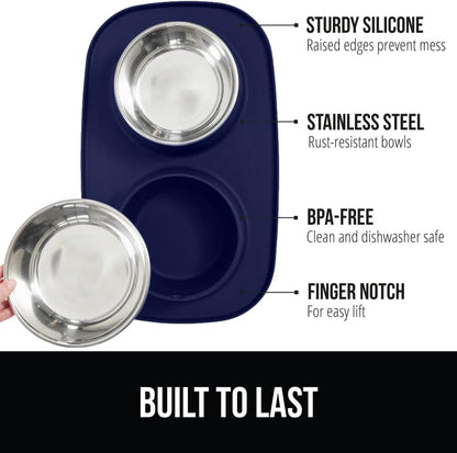 GORILLA GRIP Feeding Mat Set, Patent Pending 100% Waterproof BPA Free Silicone, Stainless Steel Cat and Dog Bowls, Slip Resistant, 1 Black mat/tray with 2 stainless steel bowls