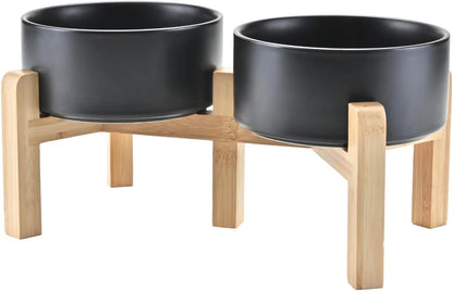 SPUNKYJUNKY Elevated Dog Bowls Ceramic, 6.1'' Dogs and Cat Food Water Bowls Raised with Non-Slip Bamboo Stand for Medium Sized Breed Microwave Dishwasher Safe - 28.7 OZ,Beige
