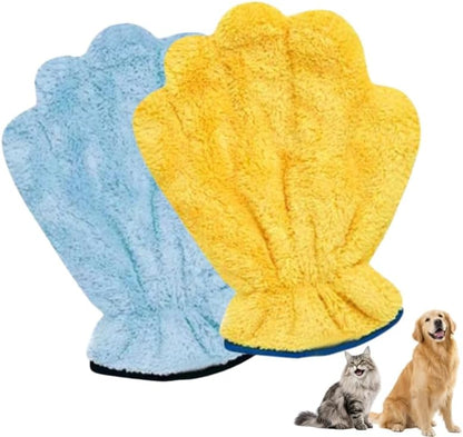Microfiber Pet Drying Glove - Absorbent Dog & Cat Grooming Mitt, Quick Dry Bath Towel Glove for All Pets, One Size Fits All, 2 Pack (Blue/Yellow)