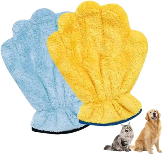 Microfiber Pet Drying Glove - Absorbent Dog & Cat Grooming Mitt, Quick Dry Bath Towel Glove for All Pets, One Size Fits All, 2 Pack (Blue/Yellow)