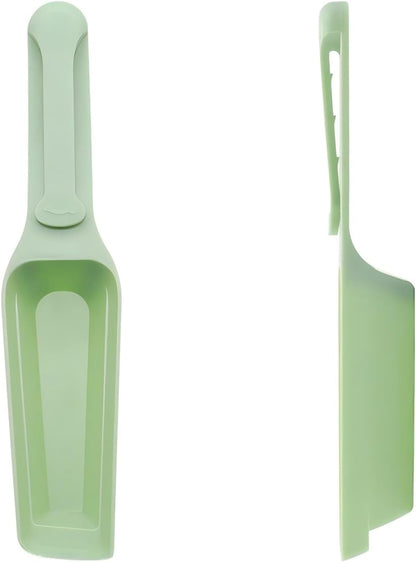 Pet food scoop and bag clip, multi-functional dog and cat food measuring spoon and spatula, capacity 100 grams (3.5 ounces), long-handled food sealing clip, 7.48 x 1.57 inches, green