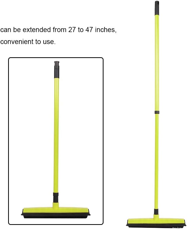 Pet Hair Sweeper, Rubber Broom Pet Hair Lint Removal Device with Telescopic Bristles Sweep Cleaner 27 to 47 Inches Adjustable Length Rubber Bristles TPE Scraper for Carpet Tile Hardwood Linoleum
