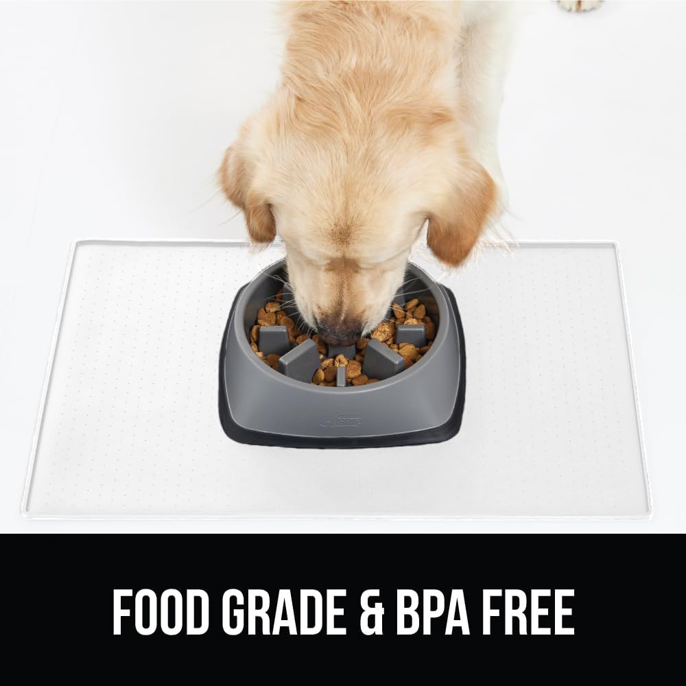 GORILLA GRIP 100% Waterproof Raised Edge BPA Free Silicone Pet Feeding Mat, Dog Cat Food Mats Contain Spills Protects Floors, Placemats for Cats and Dogs Water Bowl, 18.5x11.5, Gray
