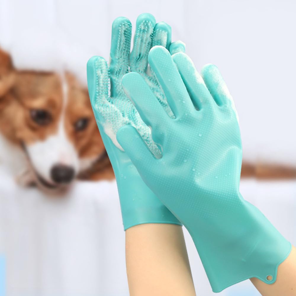 Pet Grooming Gloves Silicone Gloves with High-Density Teeth Enhanced Five Finger Design for Dogs Cats Bathing Massaging (Grey)