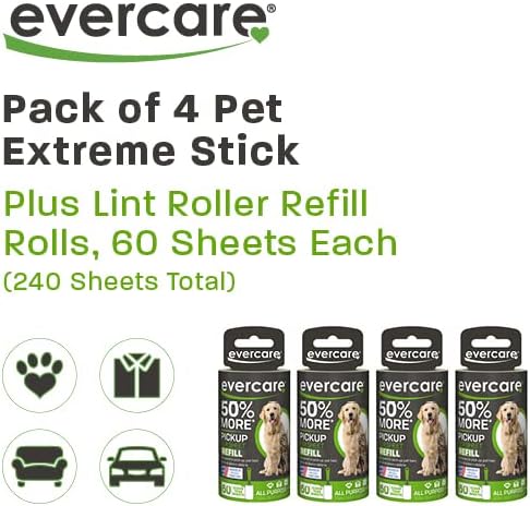 Evercare Pet Lint Roller Refill, Manual Operation, 60 Sheets per Roll, 6 Count Refill Pack for Pet Hair Removal, Green