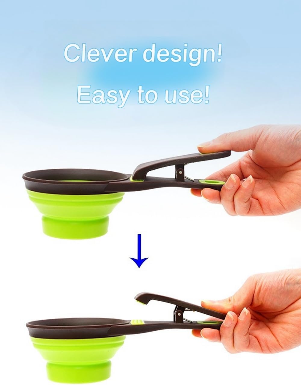 2 PCS Collapsible Pet Scoop Set,1 Cup & 1/2 Cup Capacity Silicone Measuring Cups with Sealing Clip,Multi-Function Scoop Bowls Bag Clip for Dog Cat Food Water.(Green,Pink)