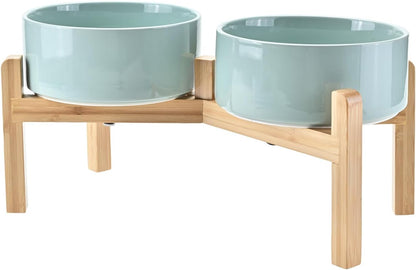 SPUNKYJUNKY Elevated Dog Bowls Ceramic, 6.1'' Dogs and Cat Food Water Bowls Raised with Non-Slip Bamboo Stand for Medium Sized Breed Microwave Dishwasher Safe - 28.7 OZ,Beige