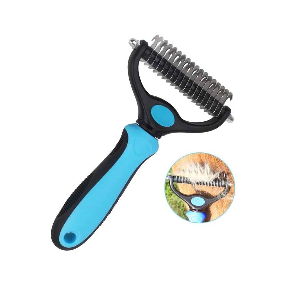 Sakerplus Double-Sided Pet Grooming Rake,Dematting Undercoat Rake for Dogs and Cats, 2-in-1 Dematting Comb, Pet Grooming Rake for Long Hair Pets (Blue, large+small)