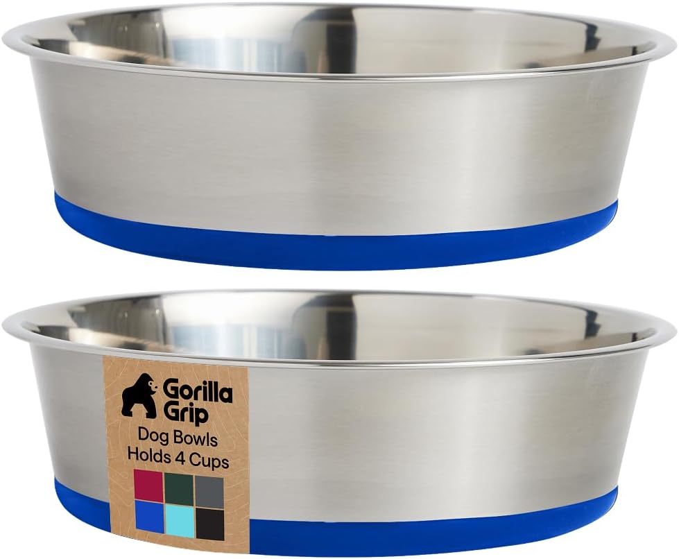 GORILLA GRIP Dog Bowls, Food Grade 304 Stainless Steel, Holds 2 Cups Each (16 fl oz) Food and Water Bowl for Feeding Dogs and Cats, Dishwasher Safe, Rust Resistant, BPA Free Rubber Base Set of 2 Black