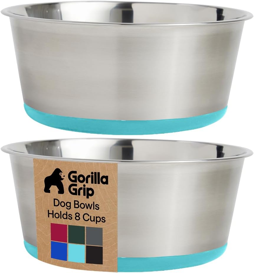 GORILLA GRIP Dog Bowls, Food Grade 304 Stainless Steel, Holds 2 Cups Each (16 fl oz) Food and Water Bowl for Feeding Dogs and Cats, Dishwasher Safe, Rust Resistant, BPA Free Rubber Base Set of 2 Black
