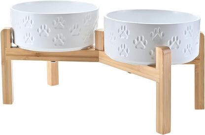 SPUNKYJUNKY Elevated Dog Bowls Ceramic, 6.1'' Dogs and Cat Food Water Bowls Raised with Non-Slip Bamboo Stand for Medium Sized Breed Microwave Dishwasher Safe - 28.7 OZ,Beige
