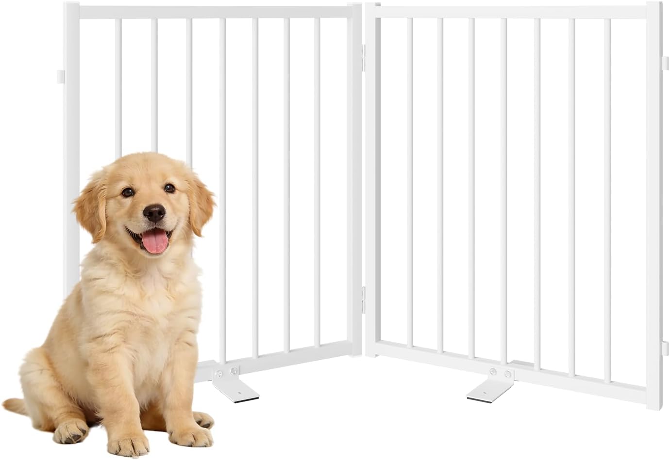 SNUOWU Full Metal Freestanding Dog Gate with Door, 32''Height Foldable Pet Dog Fence for Indoor & Outdoor, 4 Panels Extra Wide Free Standing TallDog Gates for Doorways,House,Stairs,Porch,Deck,Yard