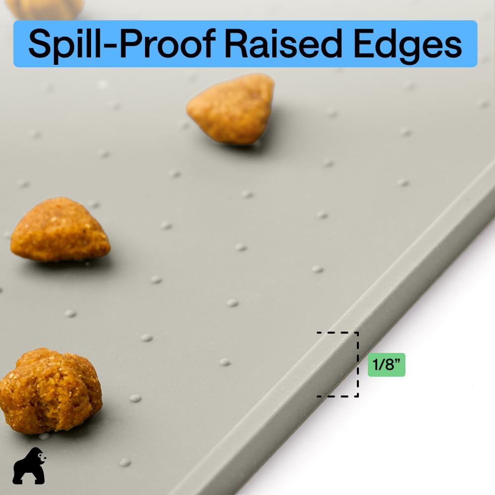 GORILLA GRIP 100% Waterproof Raised Edge BPA Free Silicone Pet Feeding Mat, Dog Cat Food Mats Contain Spills Protects Floors, Placemats for Cats and Dogs Water Bowl, 18.5x11.5, Gray