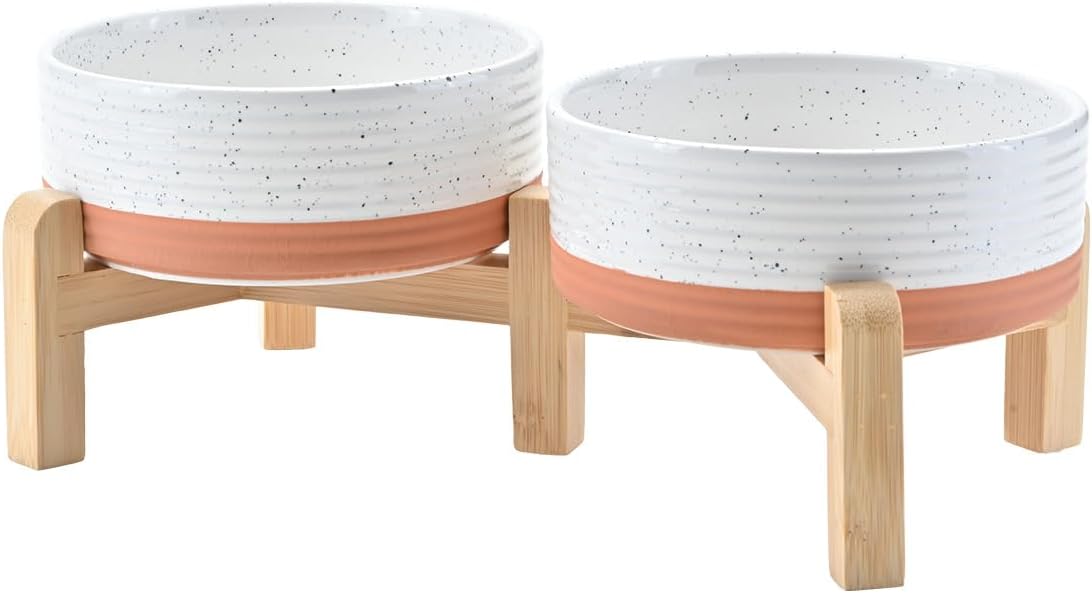 SPUNKYJUNKY Elevated Dog Bowls Ceramic, 6.1'' Dogs and Cat Food Water Bowls Raised with Non-Slip Bamboo Stand for Medium Sized Breed Microwave Dishwasher Safe - 28.7 OZ,Beige