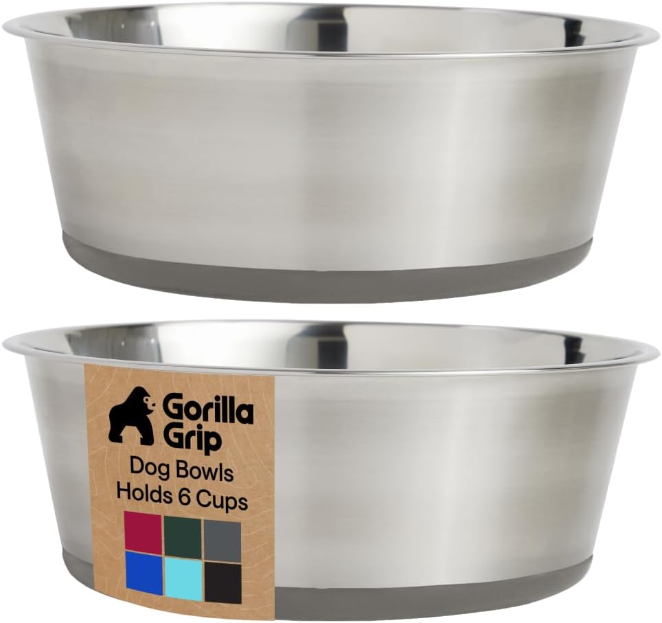 GORILLA GRIP Dog Bowls, Food Grade 304 Stainless Steel, Holds 2 Cups Each (16 fl oz) Food and Water Bowl for Feeding Dogs and Cats, Dishwasher Safe, Rust Resistant, BPA Free Rubber Base Set of 2 Black