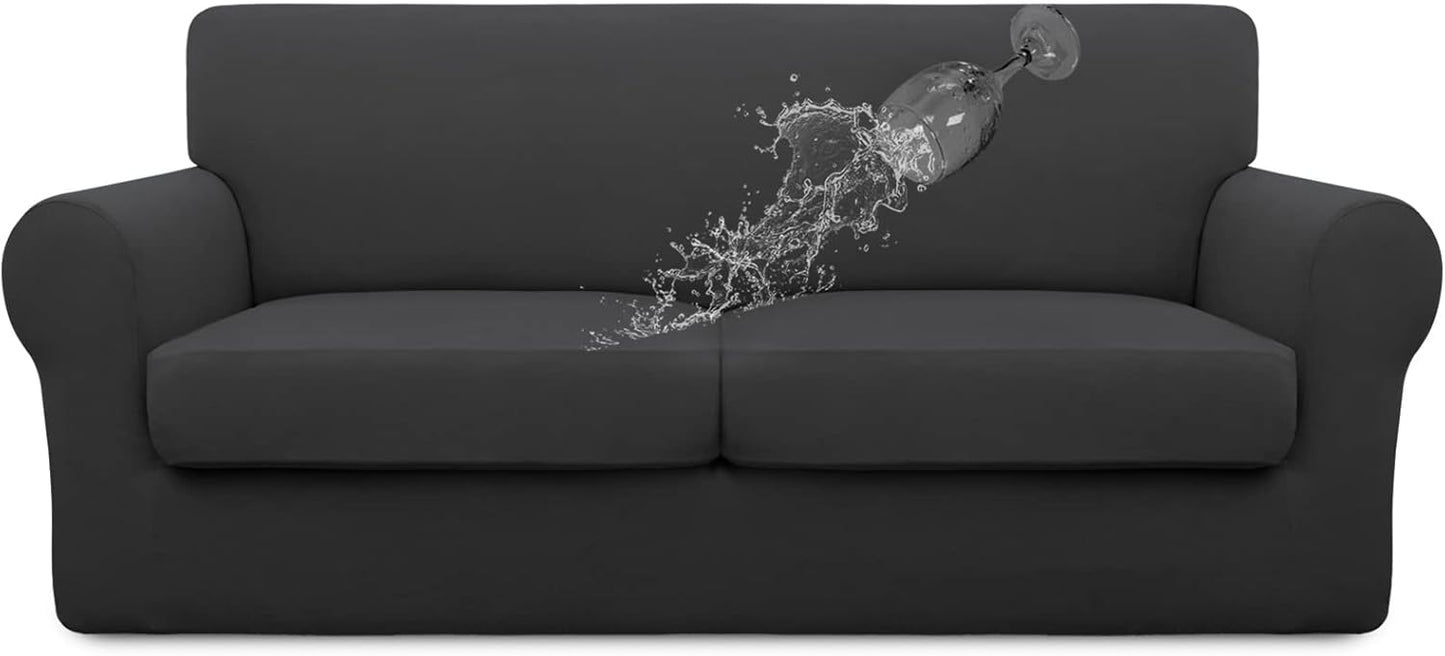 Easy-Going 100% Dual Waterproof 4 Pieces Stretch Soft Couch Cover for Dogs, Sofa Slipcover for 3 Separate Cushion Couch Leakproof Furniture Protector for Kids, Pets Dark Gray