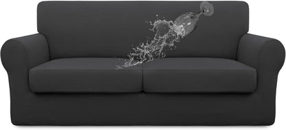 Easy-Going 100% Dual Waterproof 4 Pieces Stretch Soft Couch Cover for Dogs, Sofa Slipcover for 3 Separate Cushion Couch Leakproof Furniture Protector for Kids, Pets Dark Gray