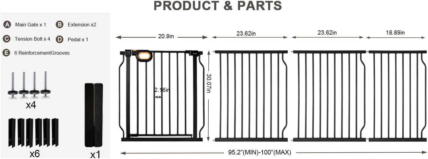 Baby Gates Extra Wide for Doorways 90.6-95.2 Inch Extra Wide Pressure Mounted Baby Dog Gate for the House Indoor Large Openning Metal Safety Gate No Drilling with Walk-Through Door,Black