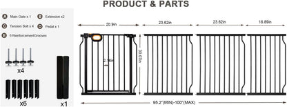 Baby Gates Extra Wide for Doorways 90.6-95.2 Inch Extra Wide Pressure Mounted Baby Dog Gate for the House Indoor Large Openning Metal Safety Gate No Drilling with Walk-Through Door,Black