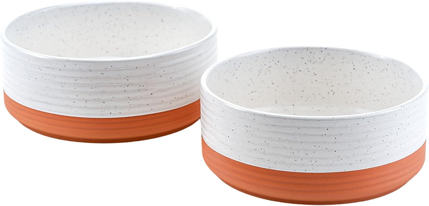 SPUNKYJUNKY Elevated Dog Bowls Ceramic, 6.1'' Dogs and Cat Food Water Bowls Raised with Non-Slip Bamboo Stand for Medium Sized Breed Microwave Dishwasher Safe - 28.7 OZ,Beige