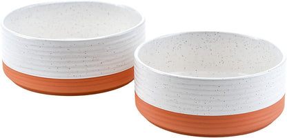 SPUNKYJUNKY Elevated Dog Bowls Ceramic, 6.1'' Dogs and Cat Food Water Bowls Raised with Non-Slip Bamboo Stand for Medium Sized Breed Microwave Dishwasher Safe - 28.7 OZ,Beige