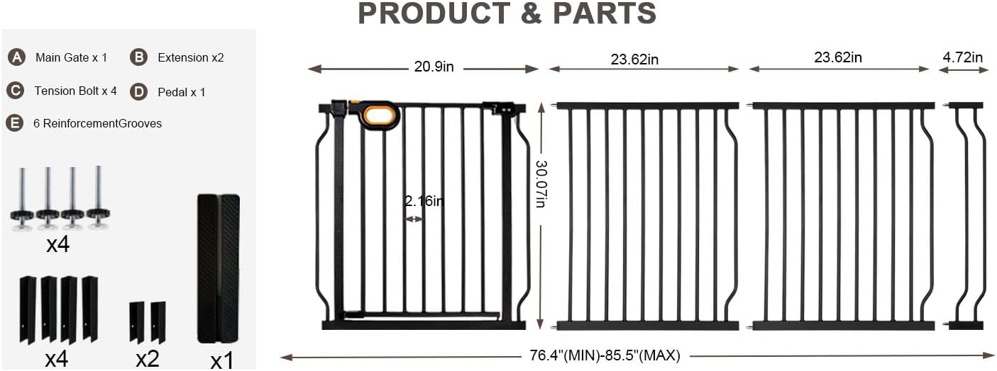 Baby Gates Extra Wide for Doorways 90.6-95.2 Inch Extra Wide Pressure Mounted Baby Dog Gate for the House Indoor Large Openning Metal Safety Gate No Drilling with Walk-Through Door,Black
