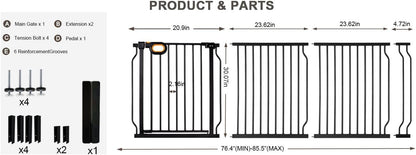Baby Gates Extra Wide for Doorways 90.6-95.2 Inch Extra Wide Pressure Mounted Baby Dog Gate for the House Indoor Large Openning Metal Safety Gate No Drilling with Walk-Through Door,Black
