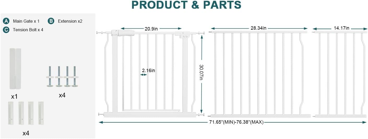 Extra Wide Baby Gate Tension Indoor Safety Gates Black Metal Large Pressure Mounted Pet Gate Walk Through Long Safety Dog Gate for The House Doorways Stairs (62.2"-66.93"/158-170CM, Black)
