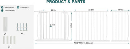 Extra Wide Baby Gate Tension Indoor Safety Gates Black Metal Large Pressure Mounted Pet Gate Walk Through Long Safety Dog Gate for The House Doorways Stairs (62.2"-66.93"/158-170CM, Black)