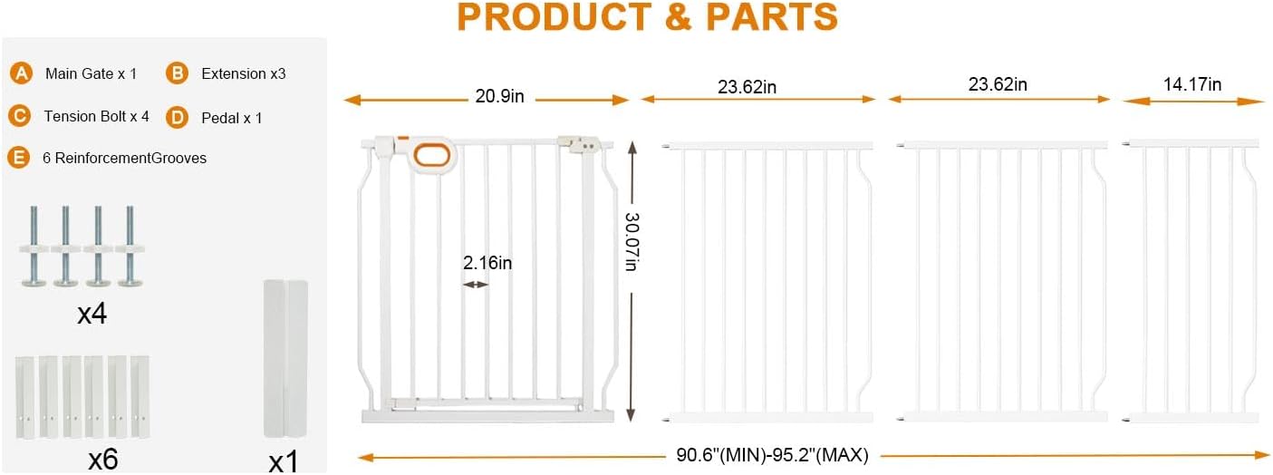 Baby Gates Extra Wide for Large Opennings with Door Pressure Mounted 90.6-95.2 Inch Extra Wide Baby Gate Dog gate for Doorways Indoor Metal Gate No Drilling with Walk-Through Door,White
