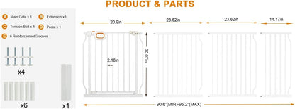 Baby Gates Extra Wide for Large Opennings with Door Pressure Mounted 90.6-95.2 Inch Extra Wide Baby Gate Dog gate for Doorways Indoor Metal Gate No Drilling with Walk-Through Door,White